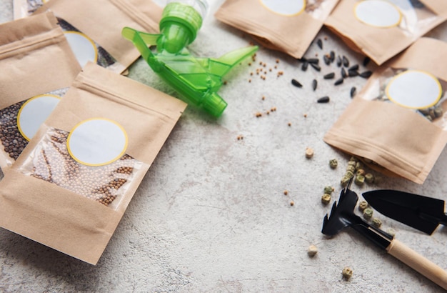 Microgreen seeds in paper bags and equipment for sowing microgreens