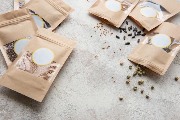 Microgreen seeds in paper bags and equipment for sowing microgreens