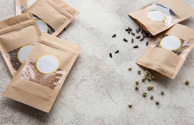 Microgreen seeds in paper bags and equipment for sowing microgreens