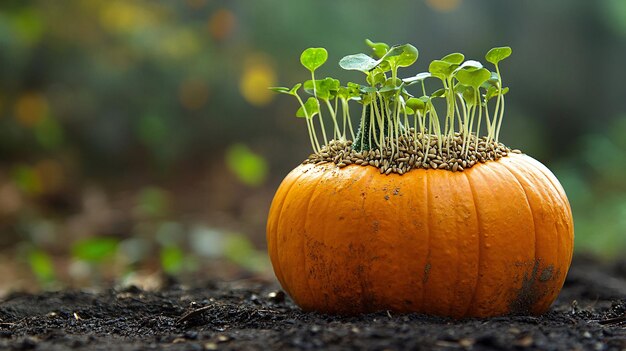 Photo microgreens growing from pumpkin in garden at fall