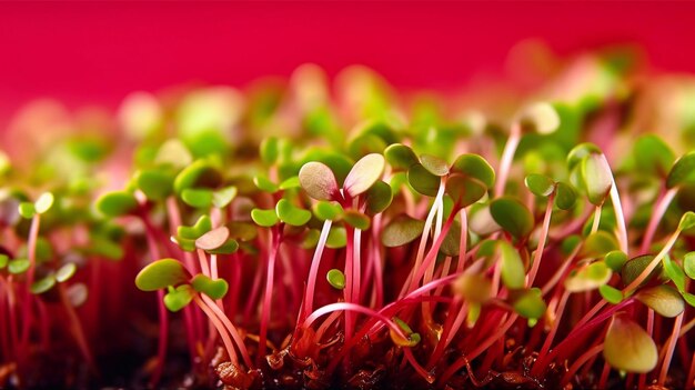 Microgreens vegetables red background Generative AI