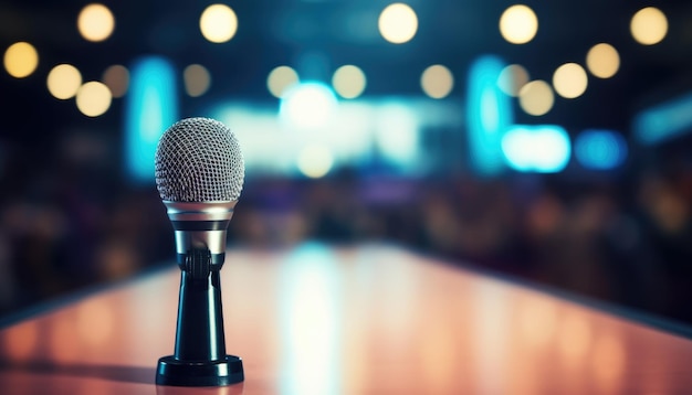 Microphone over the Abstract blurred photo of conference hall Business meeting and education concept