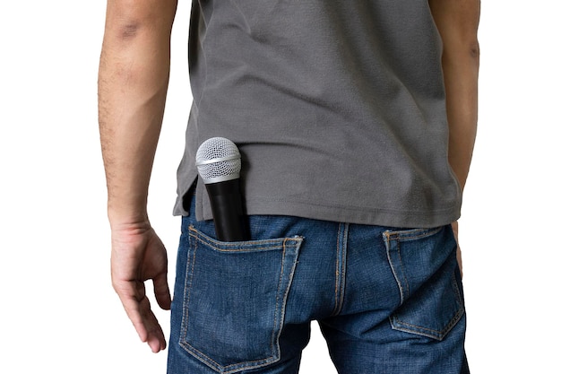 Microphone in back pocket of jeans isolated on white background