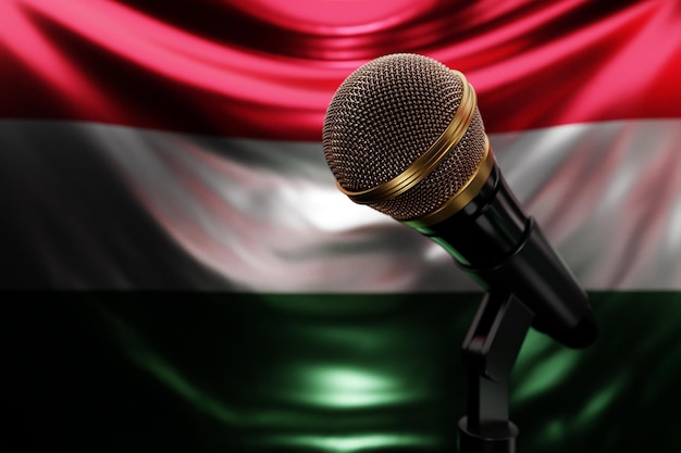 Microphone on the background of the National Flag of Hungary realistic 3d illustration music award karaoke radio and recording studio sound equipment