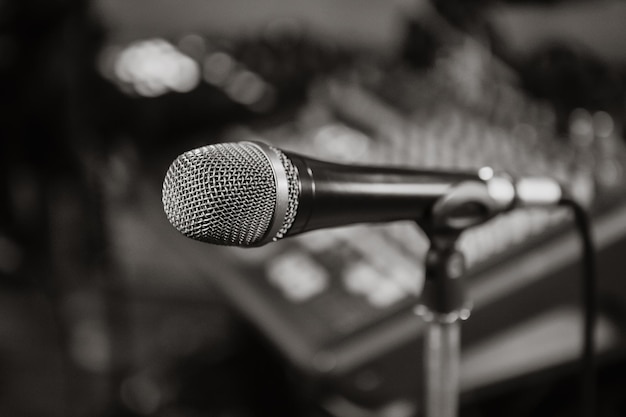 Microphone Black and white photo Microphone on stage Microphone closeup