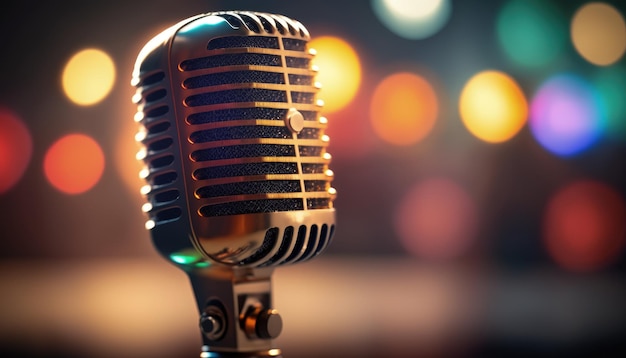 Microphone on bokeh background with copy space AI