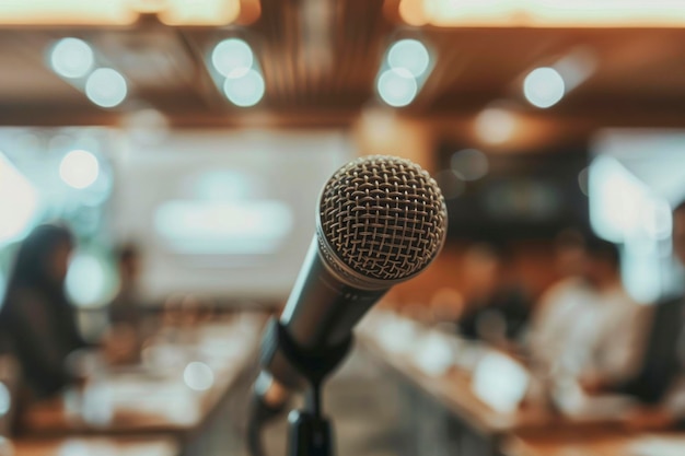 Photo microphone close up shot in seminar or meeting room with people in blur focus