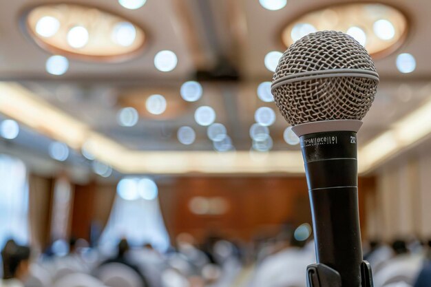 Photo microphone close up shot in seminar or meeting room with people in blur focus