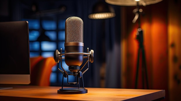 A microphone on a desk in a cozy modern podcast studio room