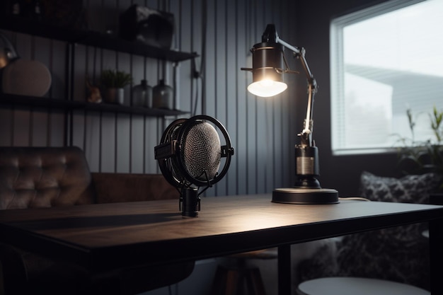 A microphone on a desk with a lamp that says'the word'on it '