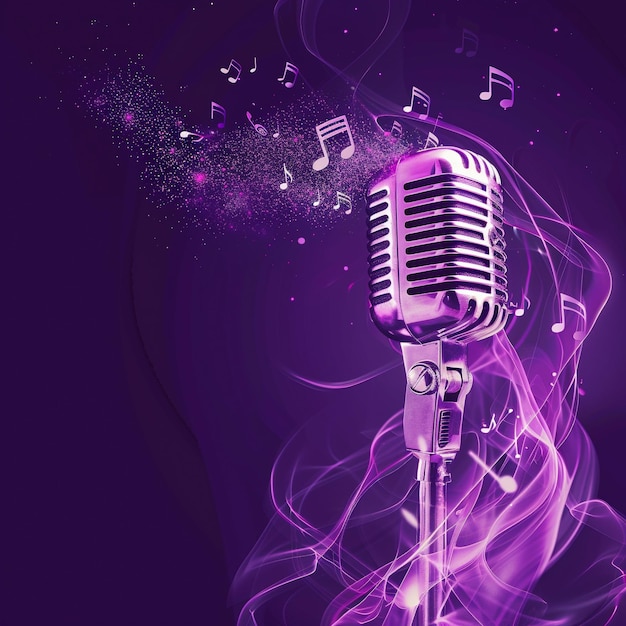 a microphone emanating musical notes on a purple background