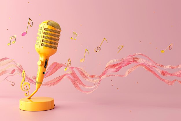 Photo a microphone emanating musical notes on a purple background