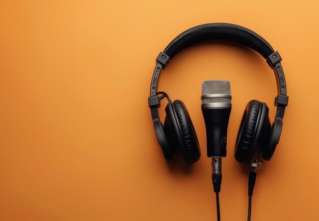 Microphone and Headphones on Orange Background