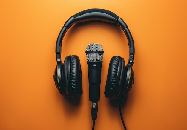 Microphone and Headphones on Orange Background