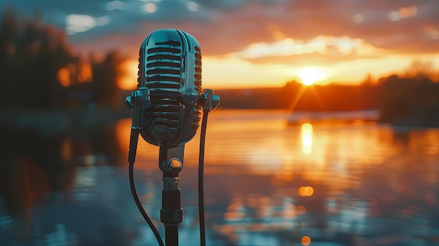 Microphone and headphones sunset still life