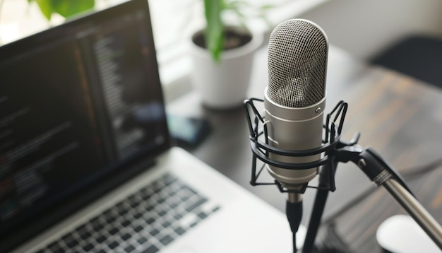 Photo a microphone is open to a laptop and a keyboard with a plant in the background