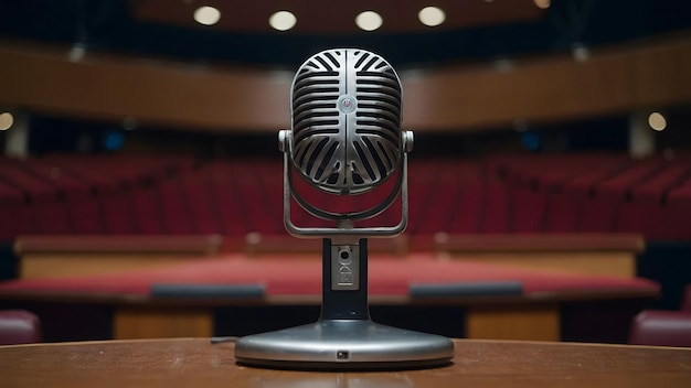 a microphone is on a podium in front of a red auditoriumtheatre late theater talent club band