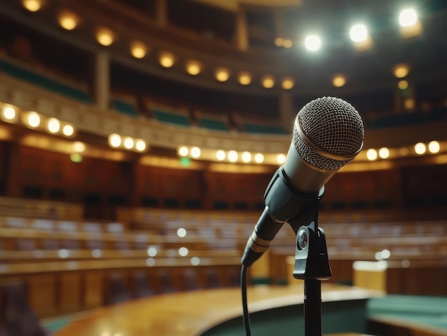 a microphone is on a podium in front of a stage with the lights on