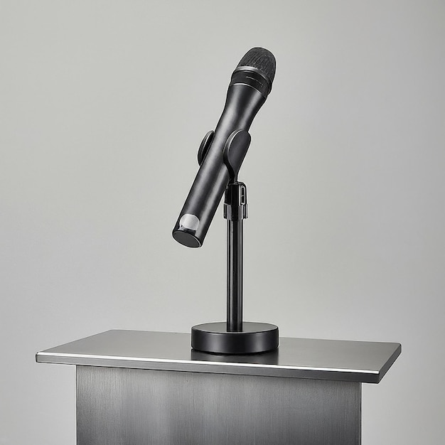 a microphone is on a podium with a white background