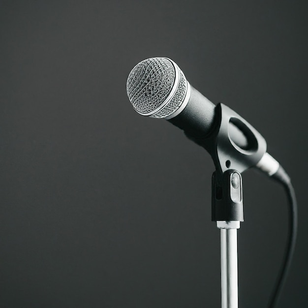 a microphone is on a stand with a black background