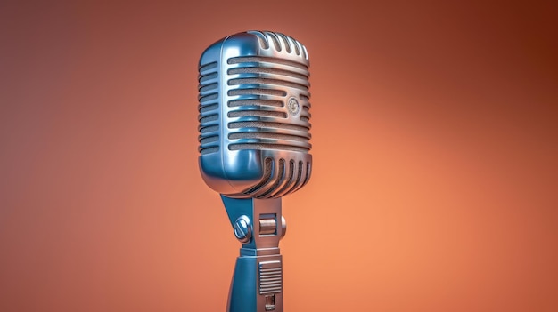 a microphone is on a stand with a red background.