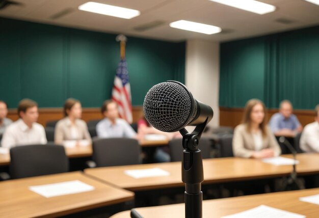 Photo a microphone is on a table with people sitting in the background