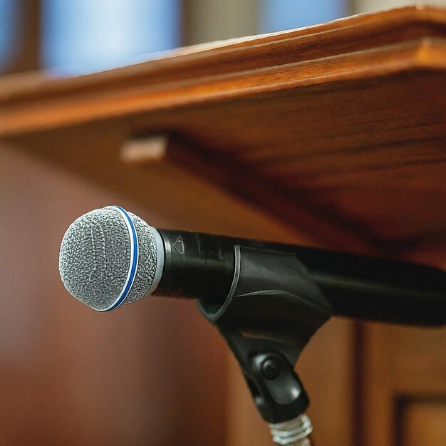 Photo a microphone is on a wooden table with a microphone on it