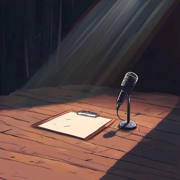 Photo microphone and notebook on a wooden table in the rays of the sun