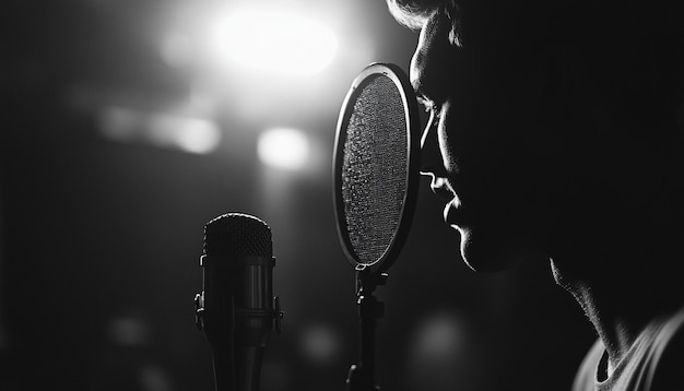 Microphone and pop filter arrangement Closeup man speaking at radio