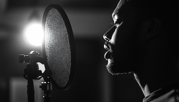 Photo microphone and pop filter arrangement closeup man speaking at radio