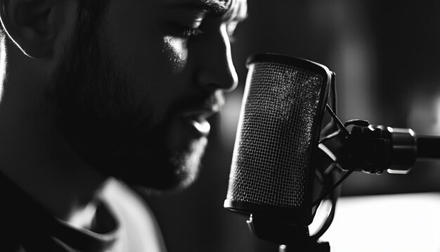 Microphone and pop filter arrangement Closeup man speaking at radio