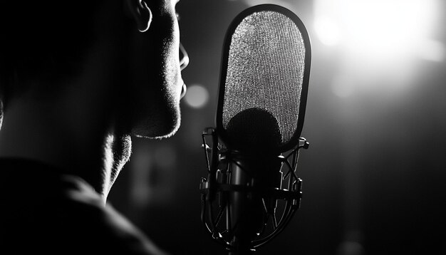 Microphone and pop filter arrangement Closeup man speaking at radio