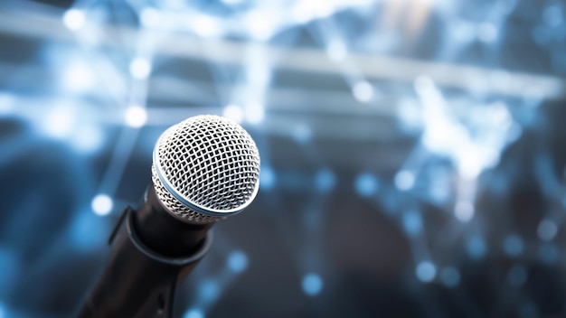 Microphone Public speaking background Close up microphone on stand for speaker speech presentation stage performance or press conference backgrounds