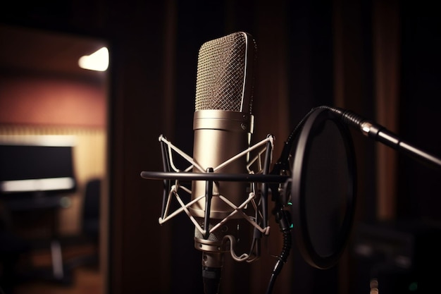 A microphone in a recording studio with a man in the background.