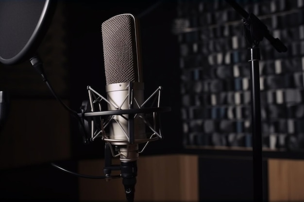 A microphone in a recording studio with a microphone in the background.