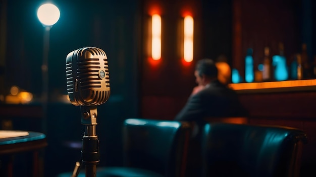 a microphone sits in front of a man in a dark room theatre late theater talent club band crea