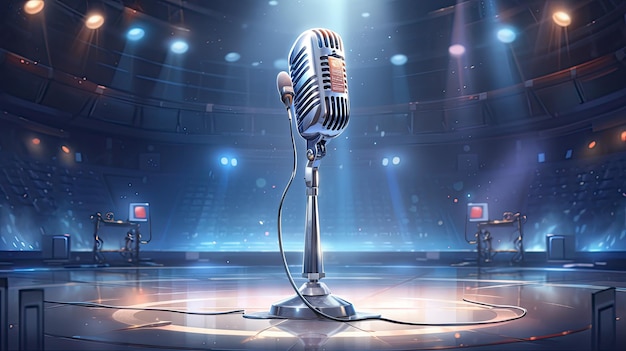 A microphone sits on a stage with the words " on the bottom right corner.