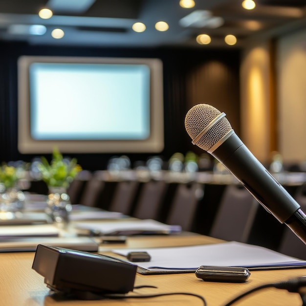 a microphone sits on a table in front of a screen that says  the word  on it