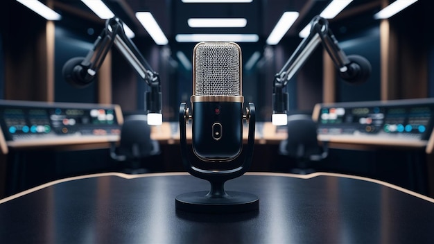 a microphone sits on a table with a microphone in front of it