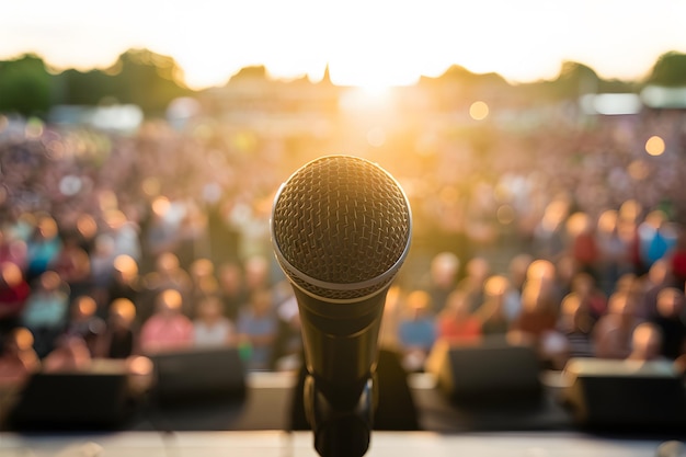 Microphone on stage audience bathed in golden sunset glow