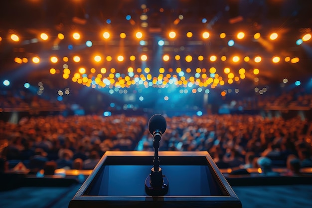 Microphone on Stage Before a Large Audience