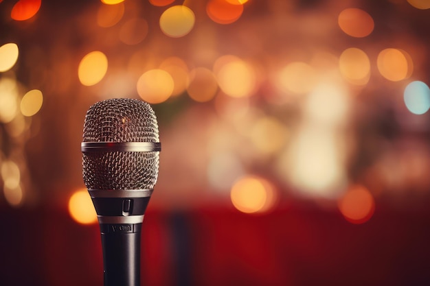 Microphone on stage in a concert hall or conference room with bokeh background