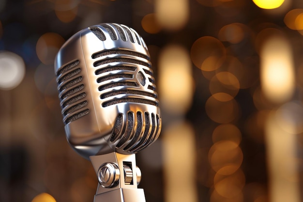 Microphone on stage shiny chrome metal close up