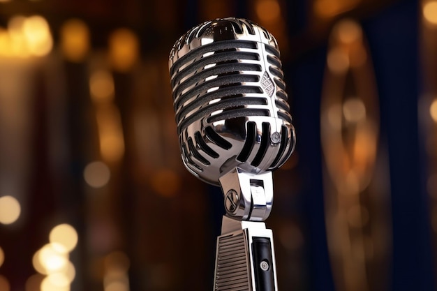 Microphone on stage shiny chrome metal close up