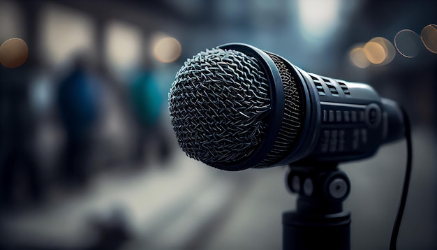 Microphone of stage on street with blurred colorful bright light background