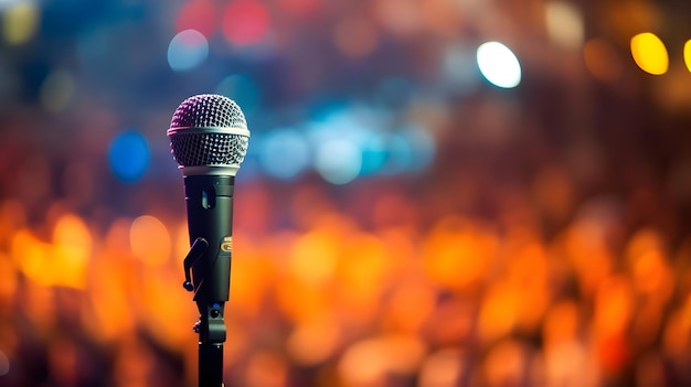 microphone on stage with blur audience background