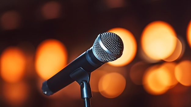 A microphone on a stage with a blurry background