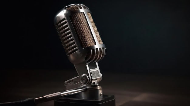 A microphone on a stand in front of a black background