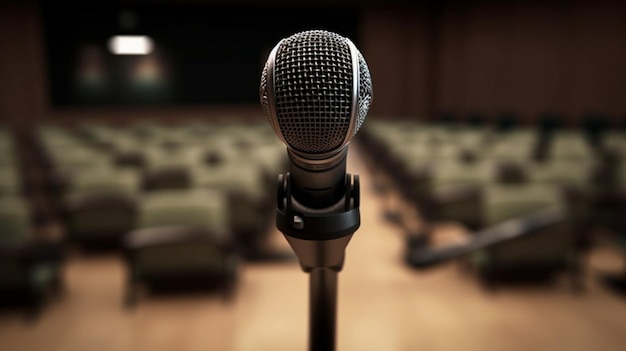 A microphone on a stand in front of a large auditorium.