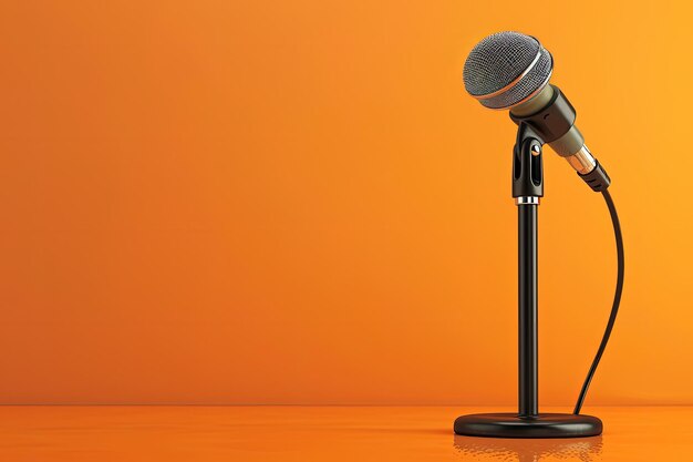 A microphone on a stand on an orange background